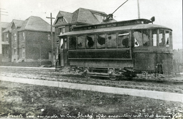 A vandalized street car A vandalized street car