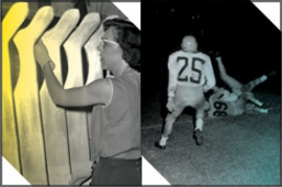 woman in sock factory and football tackle - old photos