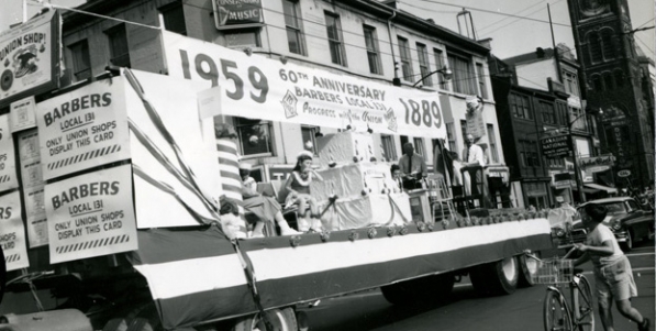 Here is a float celebrating the 60th anniversary of Barbers Local 131 moving up James Street North on September 8, 1959. They have just reached the corner of King and James and you can see the old City Hall in the background. Here is a float celebrating the 60th anniversary of Barbers Local 131 moving up James Street North on September 8, 1959. They have just reached the corner of King and James and you can see the old City Hall in the background.