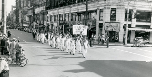 Carpenters Union Local 18 marching up James Street on September 2, 1958. They are just passing the Lister Building at the corner of King William Street. Carpenters Union Local 18 marching up James Street on September 2, 1958. They are just passing the Lister Building at the corner of King William Street.
