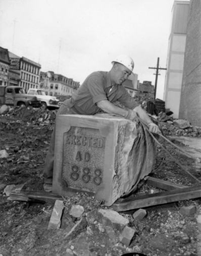 Removing the cornerstone of old City Hall, laid in 1888