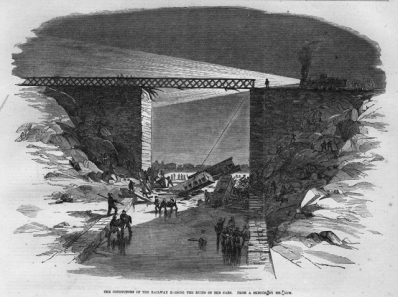 A sketch depicting railway conductors raising the crashed train cars at the scene of the Desjardins Canal disaster in 1857.