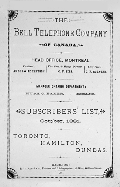 Bell Telephone Directory for Toronto, Hamilton, and Dundas, 1881